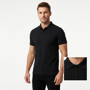 เสื้อโปโลผู้ชายสีดำล้วน แขนสั้น ผ้าถัก สไตล์ลำลอง ทรงปกติ - Product Image 4
