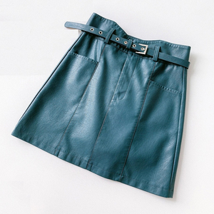 Women's High Waist Faux Leather A-Line Mini <b>Skirt</b> With Belt Solid Color Minimalist Style All Seasons Wear - Product Image 3