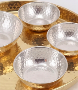 Round Metal Dinnerware Set Gold Color Hammered Finish Traditional Chinese Style Durable Dishwasher Safe <b>Utensils</b> Kit Serving - Product Image 2