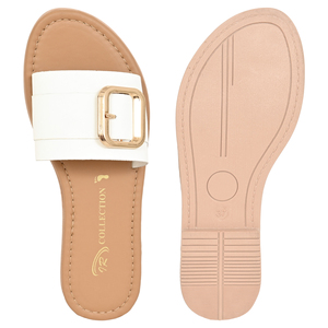 White Leather Slides Gold Buckle Open Toe Flat Sandals <b>Summer</b> Fashion Women's Light Weight Breathable Anti-Slippery Cushioning - Product Image 5