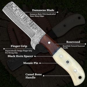 Couteaux de cowboy de qualité industrielle OEM à prix abordable avec étui en cuir - Couteau de boucher Damas fait main de 8 pouces - Lame fixe EDC - Product Image 3