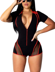 Women Black Red Trim Deep <b>V</b> <b>Neck</b> Short Sleeve <b>Bodysuit</b> With Zipper And Mesh Panels - Product Image 6