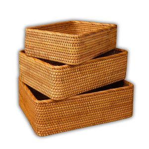 Durable Eco-Friendly Handwoven Rectangular Wicker RATTAN <b>BASKET</b> / <b>TRAY</b> 3-Piece for Bread Fruit and Kitchen Counter Storage - Product Image 1