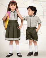 Ensemble uniforme scolaire unisexe pour l'école primaire, robe bleu Oxford à carreaux, écharpe rouge, chemise à manches courtes, confortable, durable, respirant