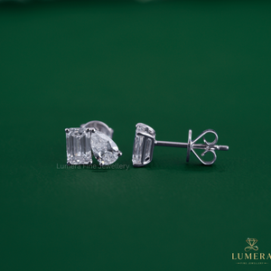 Lab Grown Diamond Emerald & Pear Two Stone Stud <b>Earrings</b> Modern Minimalist 14K Solid Gold Bridal Custom Jewelry OEM Manufacturer - Product Image 4