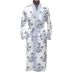 100% Cotton <b>Kimono</b> Robe Floral V-Neck <b>Long</b> Sleeves Soft Breathable Quick Dry Women's Sleepwear Gown Belt Closure Full Length - Product Image 1