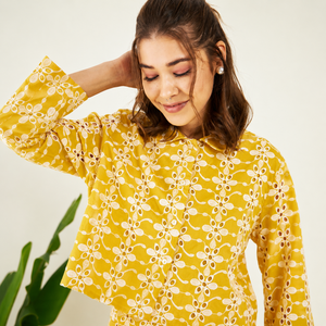 Conjunto Elan Coord Premium 100% Algodón Schiffli para Mujer, Estilo Casual de Primavera/Verano, Dos Piezas, Camisa Holgada y Pantalón de Pierna Ancha - Product Image 5