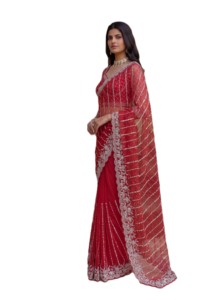 Sari rouge en filet avec broderie argentée et perles, tenue de soirée de mariage, sari traditionnel Bollywood pour femmes, longueur au sol, séchage rapide - Product Image 2