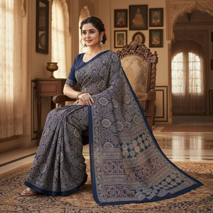 Sari en crêpe de satin imprimé Ajrakh bleu pour femmes |   Collection de saris traditionnels légers pour mariage et fêtes, vêtements ethniques de créateurs - Product Image 5