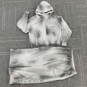 Custom Men Baggy Casual comfort Streetwear Graphics Printing Set <b>Long</b> Sleeve Men's Zip Distressed Acidic Washed Hoodie Tracksuit - Product Image 1