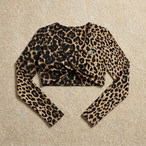 Ladies Leopard Print Fitted Crop <b>Top</b> with Plunging Neckline <b>Long</b> Sleeves Stretch Jersey Fabric Custom Logo V Neck Streetwear DTG - Product Image 3