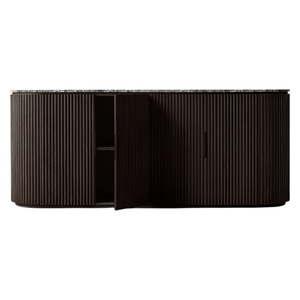 Buffet moderne minimaliste en teck massif, finition noire élégante, plateau en marbre, portes cannelées, bords incurvés, rangement spacieux - Product Image 2