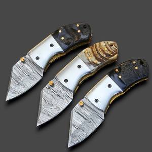 Cuchillo Plegable Mini EDC de Acero Damasco Profesional de Grado Industrial de Alta Calidad con Mango de Cuerno de Jabalí, Punta de Gota, Venta al por Mayor OEM - Product Image 1