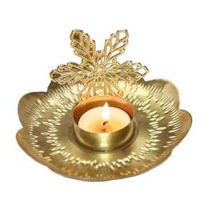 <b>Antique</b> <b>Brass</b> Metal Leaf Petal Tealight Candle Holder Rustic Metal Leaf Pattern <b>Candlestick</b> Base Wholesale - Product Image 1
