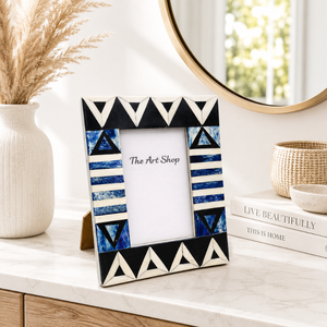 Blue & Black Geometric <b>Wooden</b> Photo <b>Frame</b> | Handmade Decorative Tabletop <b>Picture</b> <b>Frame</b> | Modern Tribal Photo <b>Frame</b> for Home room - Product Image 1