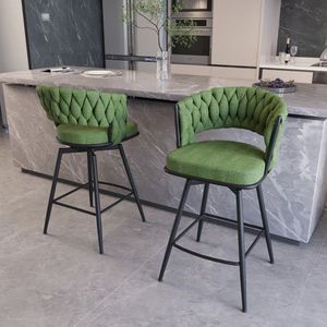 26\" Suede Woven Bar Stool Set 4-Barstools Black Legs 360 Swivel No Adjustable Kitchen Island Chairs Black Upholstered 360 - Product Image 3