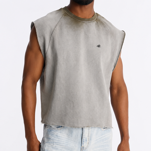 T-shirt sans manches délavé à l'acide, coupe ample en molleton bouclette premium, ourlet brut, pour hommes, vente en gros, marque privée, impression de logo personnalisée OEM - Product Image 2