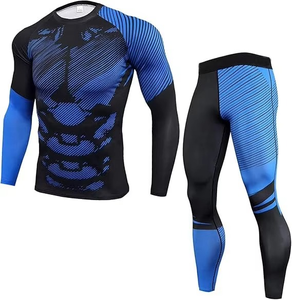 Conjunto de compresión negro para hombre, manga larga, cuello redondo, secado rápido, estampado con patrón animal, camiseta de manga larga y pantalones para todas las estaciones - Product Image 1