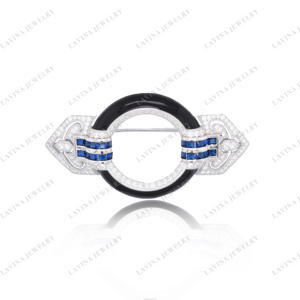 เข็มกลัดเงินแท้สไตล์วินเทจอาร์ตเดโค ประดับด้วยเคลือบเงาและเพชรดำขนาดเล็ก เหมาะสำหรับทั้งชายและหญิง ใช้เป็นเครื่องประดับสำหรับงานหมั้นหรืองานแต่งงาน - Product Image 1