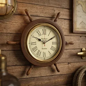 Reloj de Pared con Forma de Timón de Barco, Acabado en Latón y Madera, Movimiento de Cuarzo Silencioso, Reloj Decorativo Marítimo, Decoración Costera para el Hogar - Product Image 6