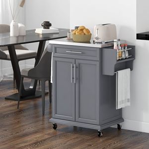 Isola da Cucina Moderna Portatile su Ruote Grigia con Cassetto, Piano in Acciaio Inox, Carrello Utilitario in Quercia con Portasciugamani e Portaspezie - Product Image 2