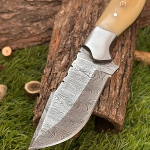 Custom Handmade Camping Hunting <b>Knife</b> with Drop Point Blade Straight Edge Damascus Steel <b>Bone</b> <b>Handle</b> and Leather Sheath - Product Image 2