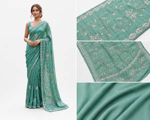 Sari de Seda Georgette Verde Mar para Bodas Tradicionales, con Bordado a Mano y Espejos, de Secado Rápido y Sin Arrugas, para Fiestas - Product Image 3
