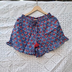 Ethnic Floral Block Print Cotton Womens Pajama Set Ruffle Collar Shirt Ruffle Hem Shorts Blue Red Artisan Sleepwear Two Piece - Product Image 4