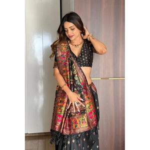 Sari en soie cachemire noire Elite Weaves avec motif tissé en zari, châle de style pashmina 700g - Product Image 1