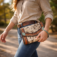 Pochette en cuir de vachette occidental, motif floral, incrustation turquoise, faite à la main, grande capacité, souple, prête à être expédiée, sac à main pour femme