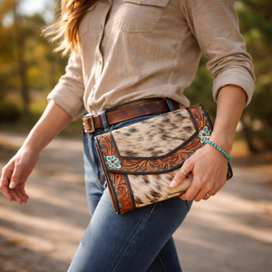 Bolso de mano tipo cartera de cuero vacuno occidental con pelo, grabado floral y incrustaciones de turquesa, hecho a mano para mujer, listo para enviar - Product Image 3