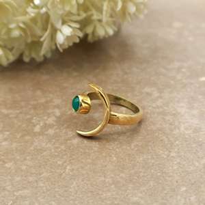 Celestial Green Onyx Crescent Moon <b>Ring</b> 14K Gold Plated Sterling <b>Silver</b> Brass Adjustable Unisex Bezel <b>Set</b> Boho Hippie Daily Wear - Product Image 4
