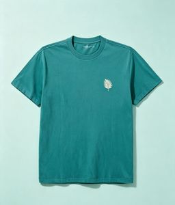 T-shirt en coton vert sarcelle pour homme, manches courtes, col rond, motif feuille brodé, coupe classique, style décontracté - Product Image 1