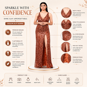 Robe de soirée luxueuse en sequins de cuivre pour femmes |   Robe de soirée à col en V profond et fente haute |   Robe de réception de mariage élégante et de créateur - Product Image 5