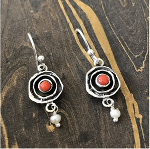 Oxidized Sterling <b>Silver</b> <b>Dangle</b> <b>Earrings</b> With Round Red Coral Gemstones And Delicate White Pearl Drop Style Jewelry - Product Image 2