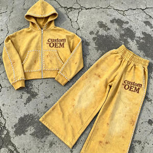 OEM Vintage Washed Rhinestone Tracksuit Unisex <b>Cropped</b> <b>Zip</b> <b>up</b> Hoodie Wide Leg Sweatpants 2 Piece Y2K Hip Hop Streetwear Set - Product Image 4