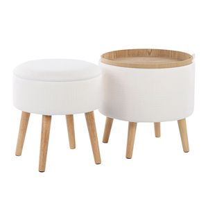 Plateau de rangement pouf en tissu crème et pieds en bois naturel style contemporain avec tabouret assorti - Product Image 4