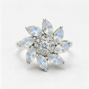 Women's Trendy Flower <b>Moonstone</b> Cz Gemstone Engagement Wedding <b>Ring</b> 925 Silver Rhodium Plated Rhaya Jewels Gift Party - Product Image 2