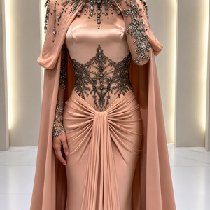 Luxury <b>Blush</b> Pink Embellished Satin Evening Gown with Cape Sleeves Crystal Beaded Designer Mermaid Dress for Women Formal - Product Image 2