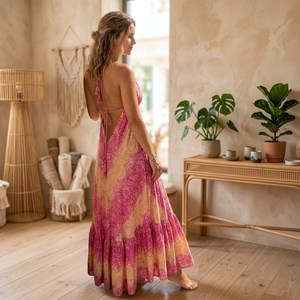 Vestido Maxi Bohemio Y2K para Mujer, sin Espalda, con Cuello Halter, Estampado Paisley, de Seda India, Corte A, con Borlas, Tejido Natural, para Verano y Playa - Product Image 3