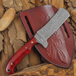 Couteau de boucher de cowboy en acier Damas forgé à la main, lame pleine longueur, manche en résine, avec étui en cuir type pancake, personnalisable OEM - Product Image 1