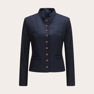 Camisa Chaqueta Azul Oscuro con Cuello Mandarín, Cierre de un Solo Botón, Color Sólido, Corte Ajustado, Manga Regular, Invierno, Casual, Bordada, para Hombre - Product Image 1