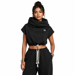 Women's Cropped Funnel Neck Sweatshirt Cotton Fleece Sleeveless Drawstring Hem Oversized Casual Pullover Private Label Hoodies - Product Image 6