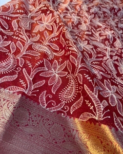 KV Traditional Embroidered Banarasi Silk Organza <b>Saree</b> (<b>Red</b>) for Party - Product Image 3