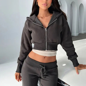 Conjunto Deportivo con Capucha para Mujer, Manga Larga, Cierre de Cremallera, Color Sólido, Corte Holgado Informal con Bolsillos Laterales, Estilo Otoñal - Product Image 2
