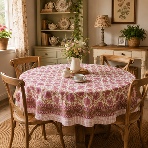Mauve & White Wholesale Premium Reusable Jaipur Block Printed Vintage Floral <b>Round</b> 4 Seater 60" <b>Table</b> <b>Cloth</b> Eco - Friendly - Product Image 5