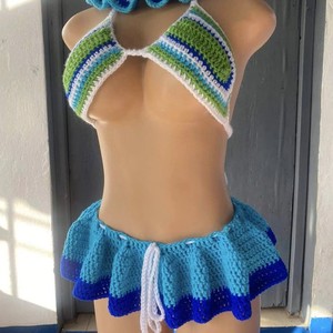Conjunto de bikini de 2 piezas de ganchillo hecho a mano personalizado para mujer, estilo bohemio, sin espalda, push-up, con diseño de margaritas y logo frontal, ropa de playa - Product Image 5