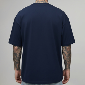 Camiseta de cuello redondo para hombre, estilo OEM nuevo, de alta calidad, con logotipo bordado personalizado, color azul marino sólido, ecológica, transpirable y de corte holgado. - Product Image 6