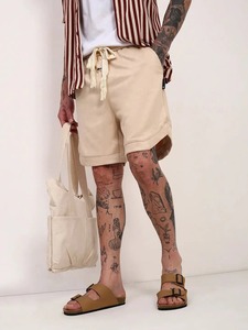 Men's Beige Cotton Canvas Bermuda Shorts With Drawstring Waist Casual Style Mid Rise Solid Color Breathable Design Shorts - Product Image 1