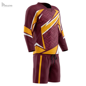 Ensemble de maillot de hockey sur glace personnalisé par sublimation, manches longues, uniforme de hockey pour hommes, short, kit bordeaux et or, anti-transpiration - Product Image 1